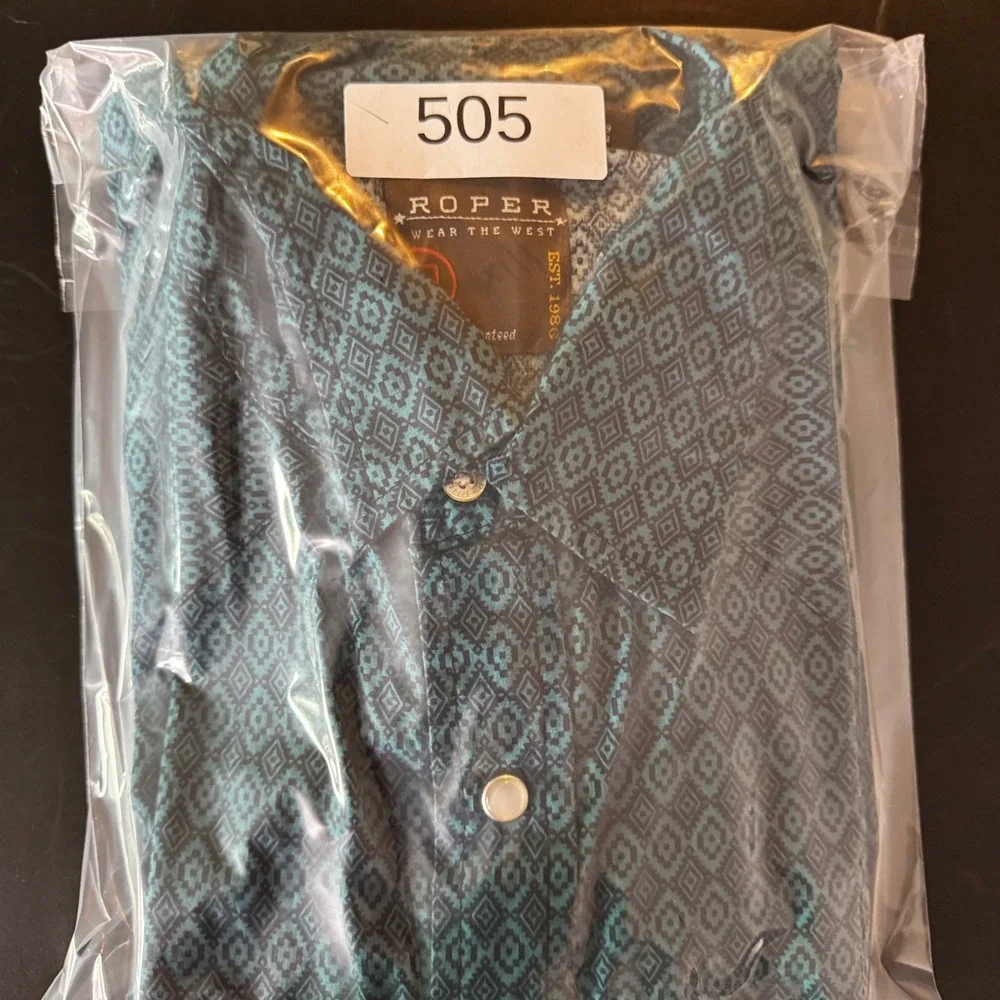 Roper Mens Teal Geometric Diamond Western Pearl Snap Shirt Long Sleeve Large - Picture 8 of 8